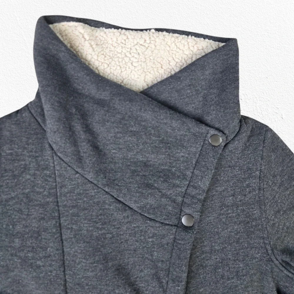 Columbia Gray Asymmetrical Snap Fleece Jacket Sherpa Lined Coat Size Medium